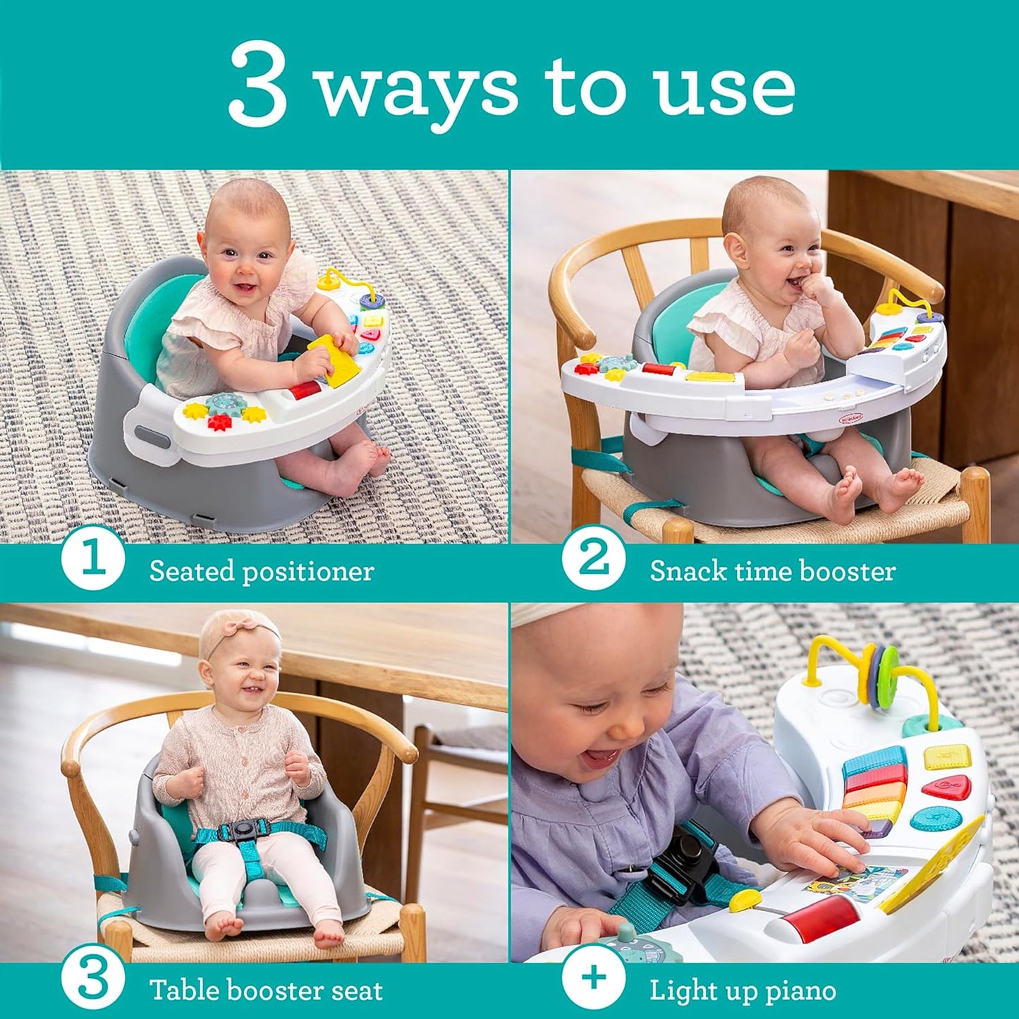 "Magical Melodies 3-In-1 Sensory Seat and Booster - Transformative, Interactive Seat with Musical Keyboard for Exploring Senses, Perfect for Babies and Toddlers, Vibrant Teal"