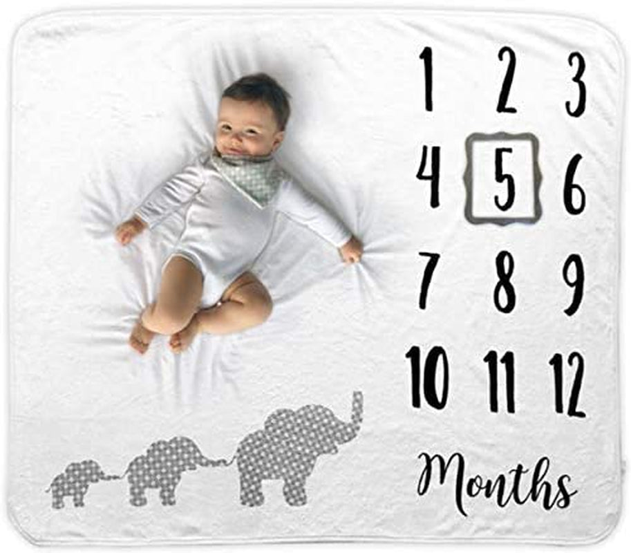 Baby Monthly Milestone Blanket | Includes Bib and Picture Frame | 1 to 12 Months | Premium Extra Soft Fleece | Best Photography Backdrop Prop for Newborn Boy & Girl (Elephant Blanket)