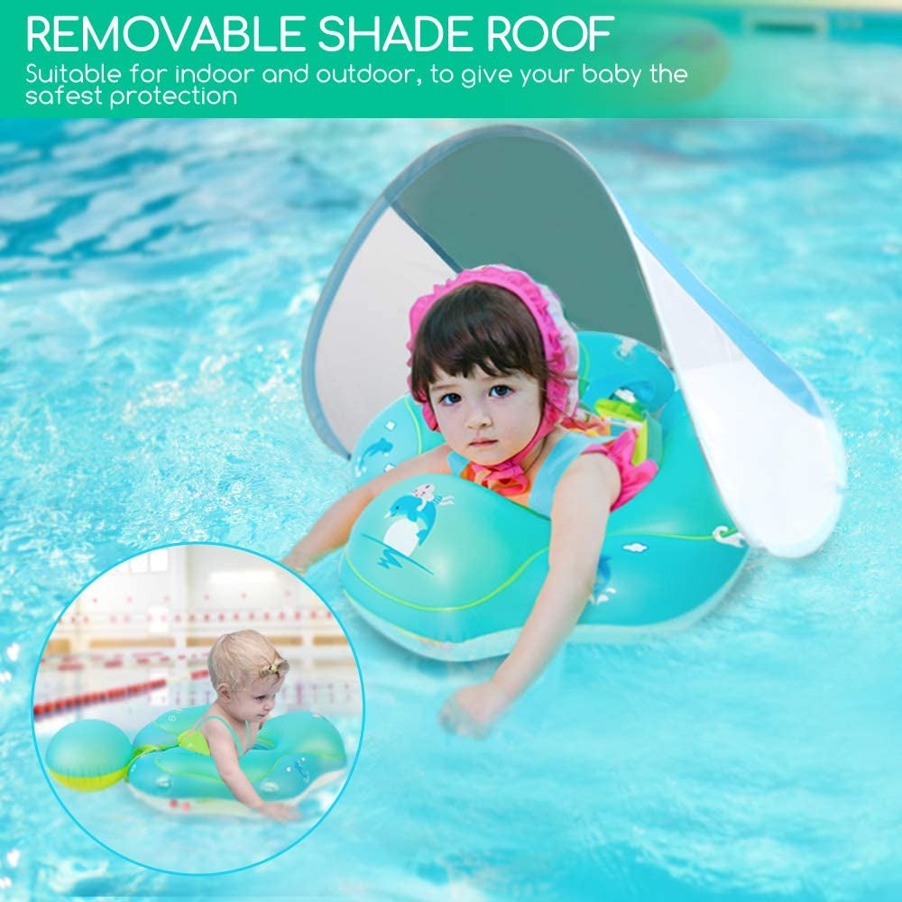 Swimming Float Ring with Removable Sun Protection Canopy, Anti-Slip Crotch, Add Tail Chamber Never Flip over Baby Floats for Pool Accessory Air Pump and 2 Pool Toys for Toddler 3 M-6 Yrs