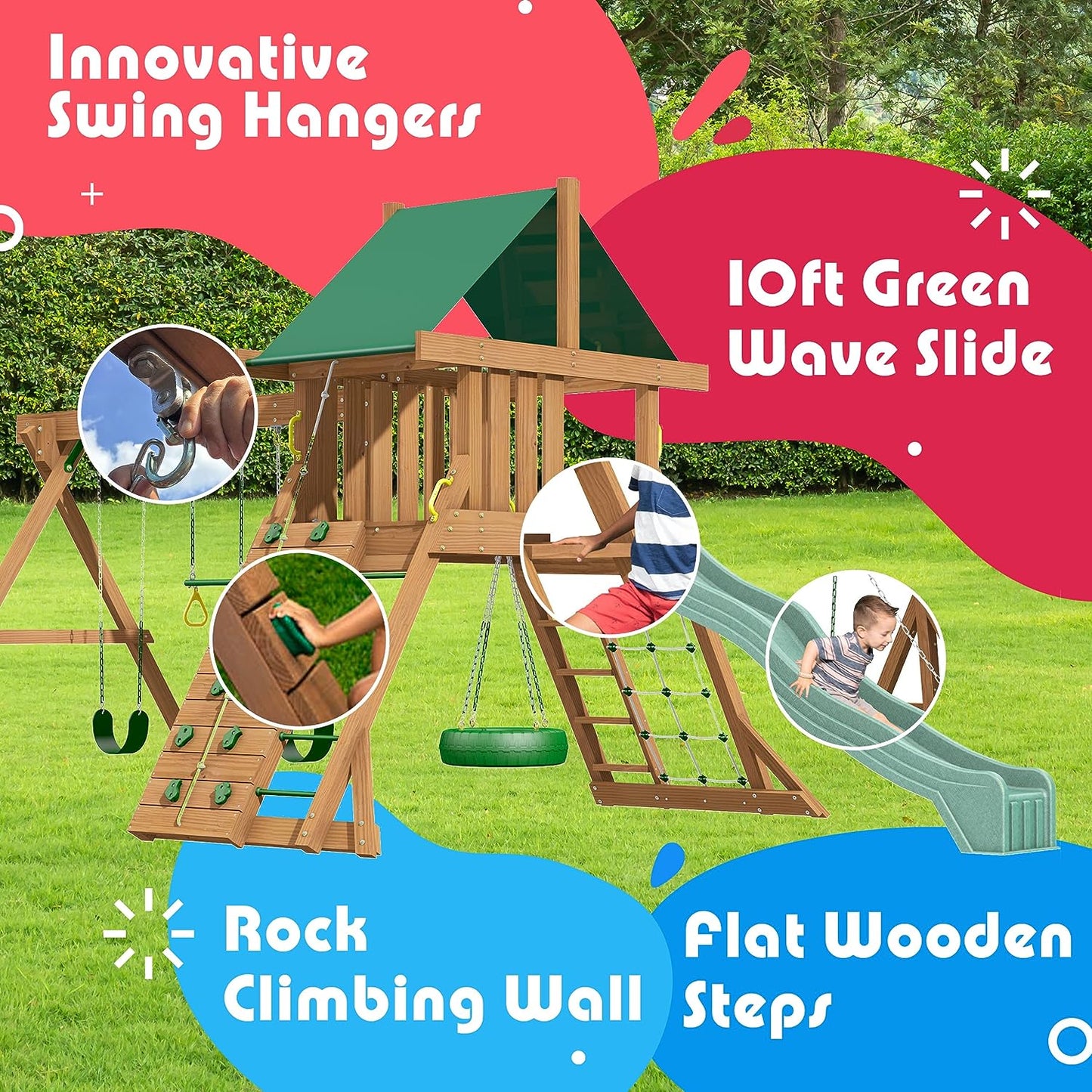 "Ultimate Outdoor Fun: Creative Playthings Northbridge Pack 1 Wooden Swing Set - Made in the USA! Features Climbing Wall, Playground Swings, Slide, and Tire Swing - 22 X 12 X 11 Ft!"