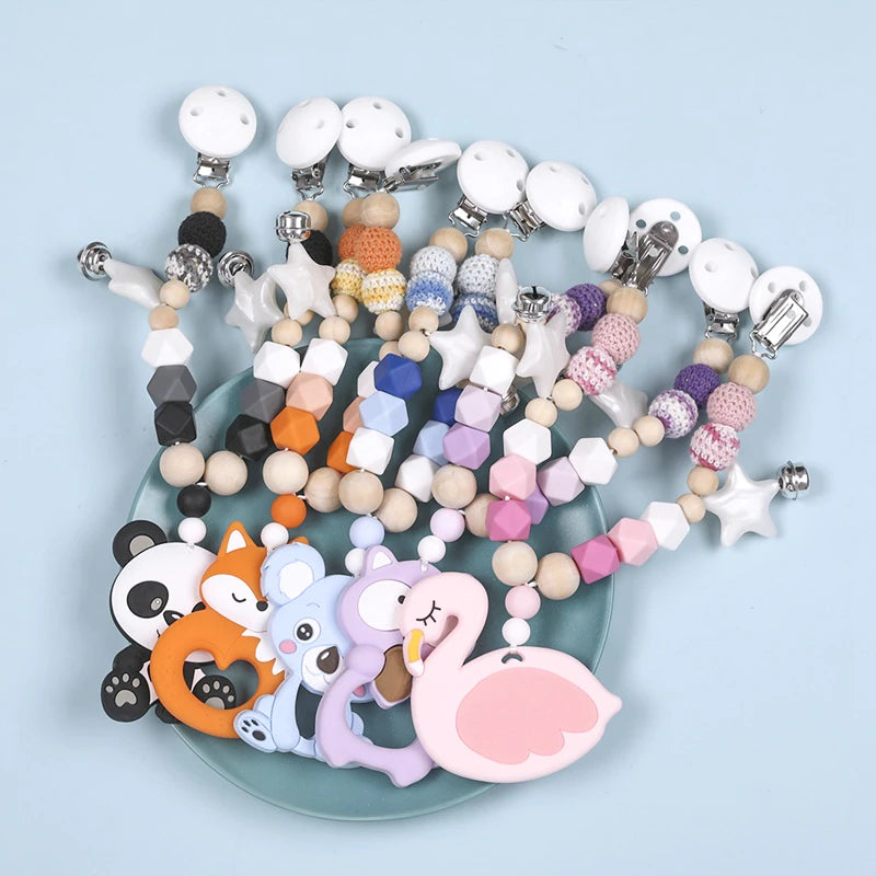 Baby Teethers Silicone Animals Rodent Beech Wooden Rattles Crochet Beads Teething Baby Toys Pendant Pacifier Clip Stroller Chain