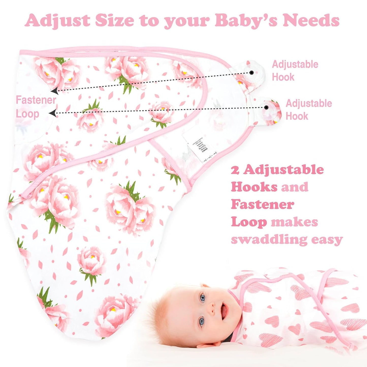 Baby Swaddle Blanket Wrap, 3-Pack Preemie Swaddle, Baby Swaddles, Premature Size Swaddles up to 7 Pounds, Pink Floral