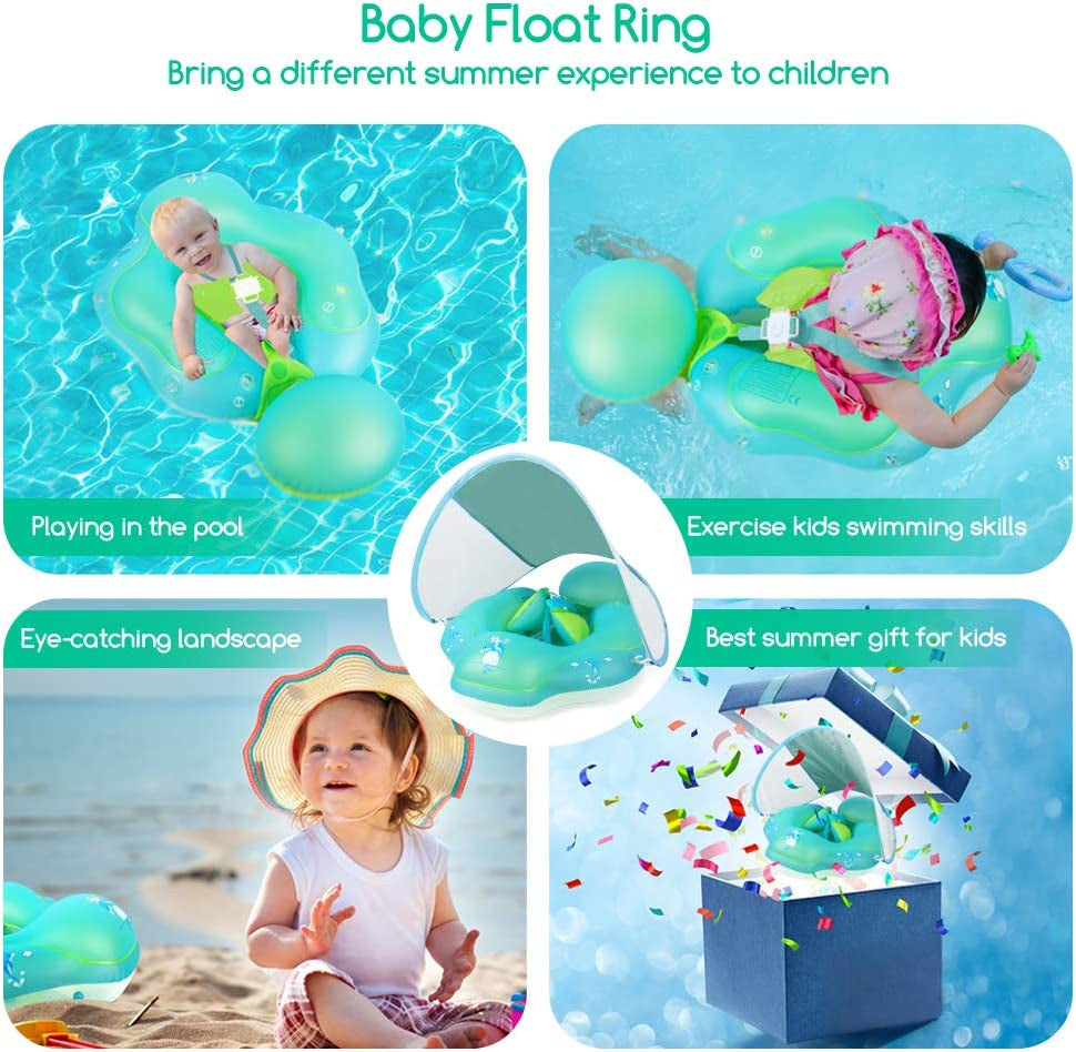 Swimming Float Ring with Removable Sun Protection Canopy, Anti-Slip Crotch, Add Tail Chamber Never Flip over Baby Floats for Pool Accessory Air Pump and 2 Pool Toys for Toddler 3 M-6 Yrs