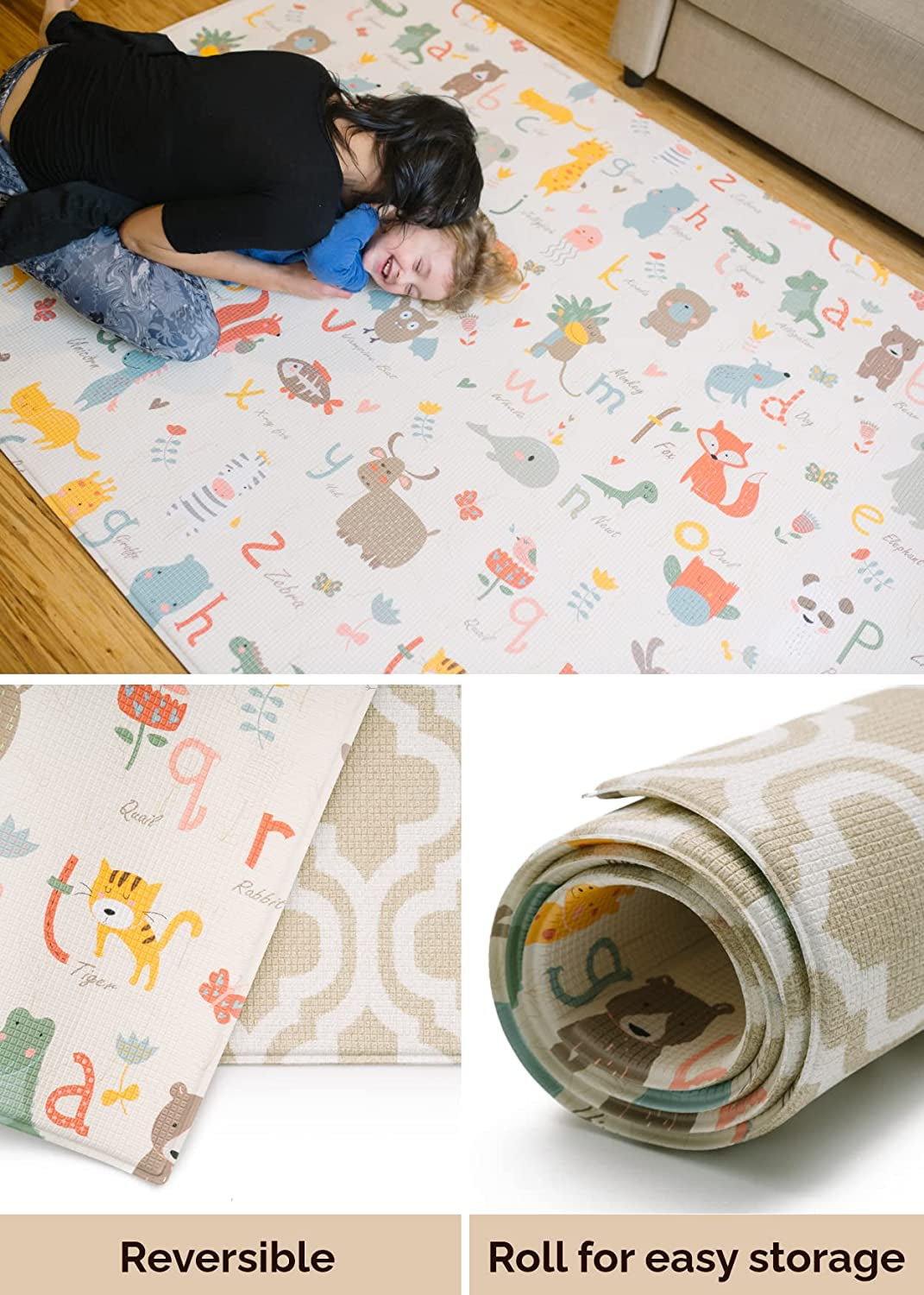 "Ultimate Comfort and Style: Reversible Waterproof Play Mat for Infants, Babies, Toddler, and Kids - Medium Size, Moroccan Beige Design - Rollable and Original One-Piece Construction - 73'' X 49''"