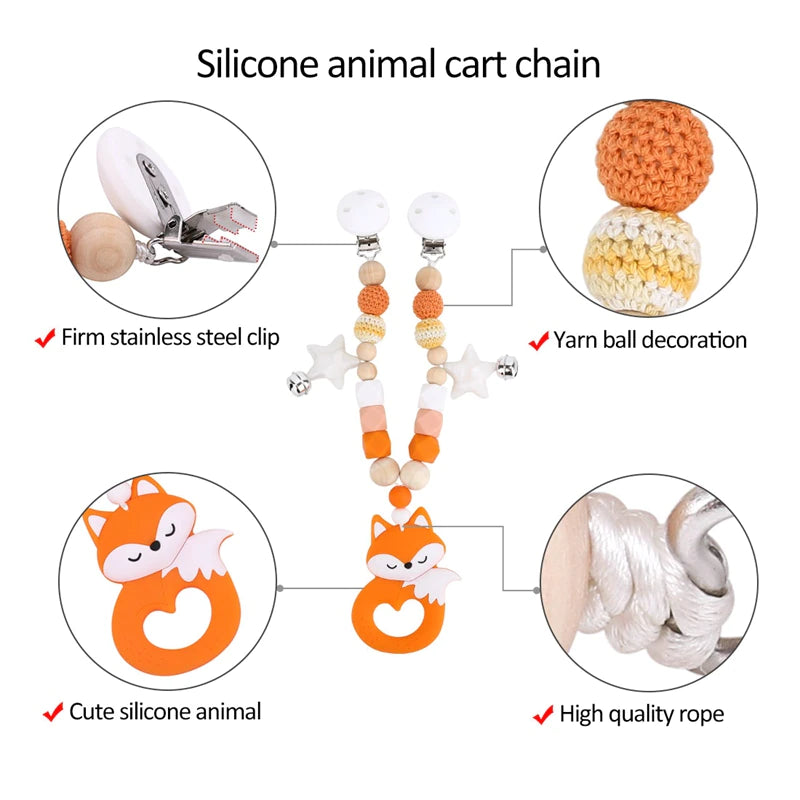 Baby Teethers Silicone Animals Rodent Beech Wooden Rattles Crochet Beads Teething Baby Toys Pendant Pacifier Clip Stroller Chain